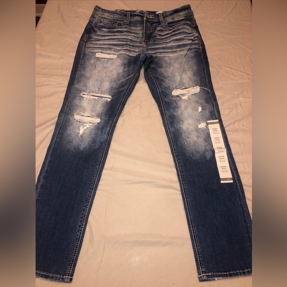 Departwest Jeans Mens 33x32 Seeker Taper Performance Stretch Distressed W/O TAGS
